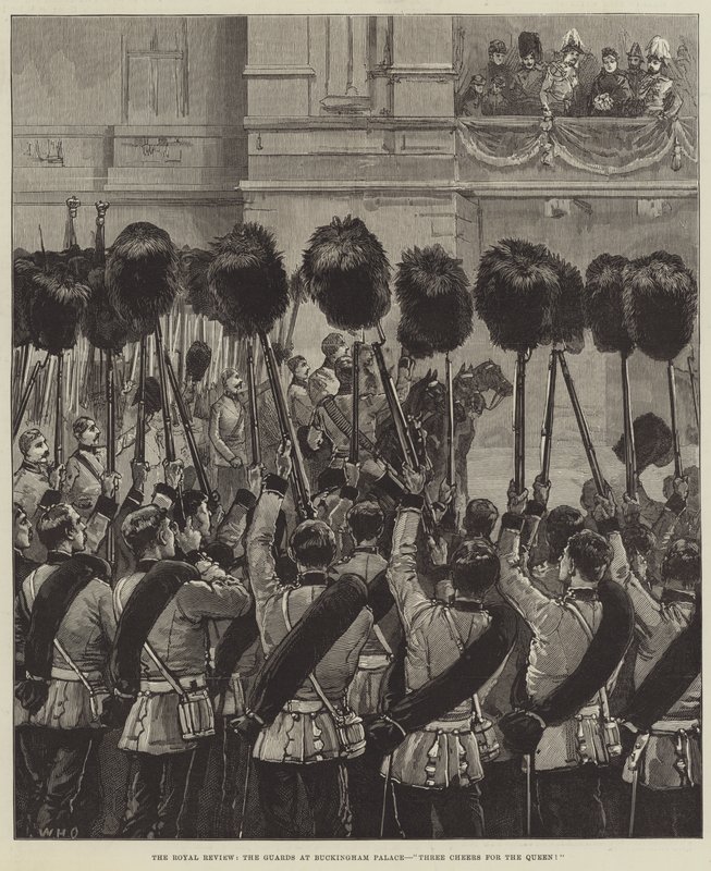 De koninklijke inspectie, de wacht bij Buckingham Palace, drie hoeraatjes voor de koningin! door William Heysham Overend