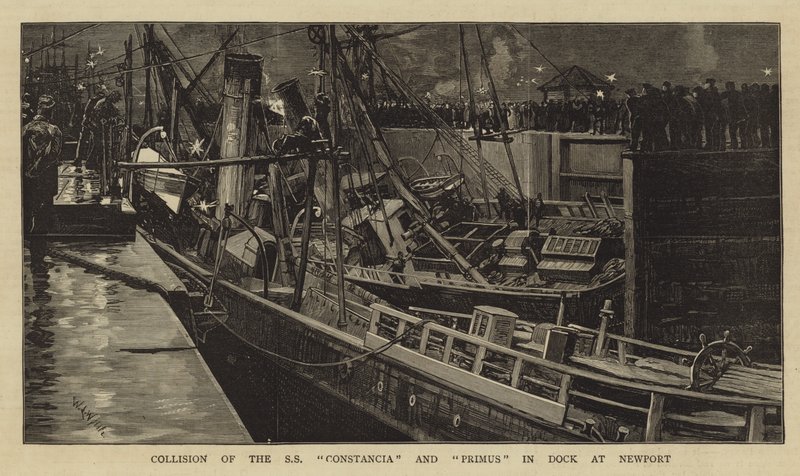 Botsing van de SS Constancia en Primus in de Dok van Newport door William Lionel Wyllie