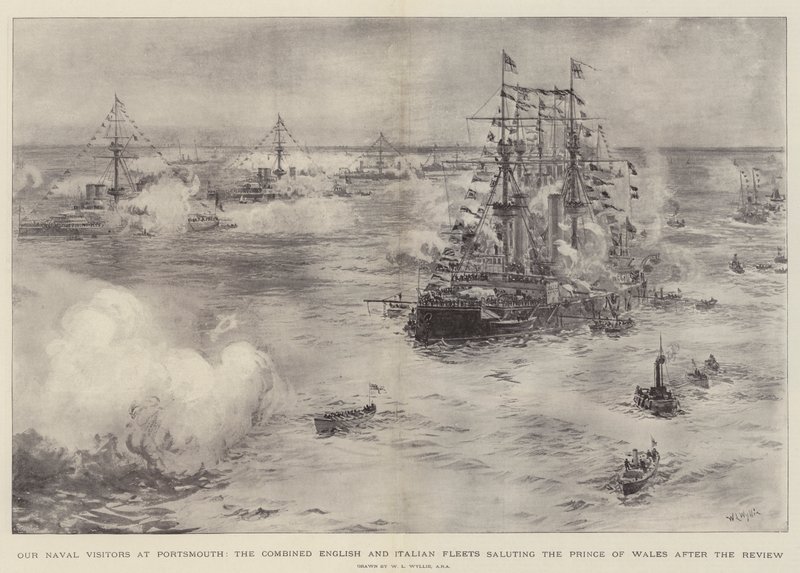 Onze marinebezoekers in Portsmouth, de gecombineerde Engelse en Italiaanse vloten groeten de Prins van Wales na de review door William Lionel Wyllie