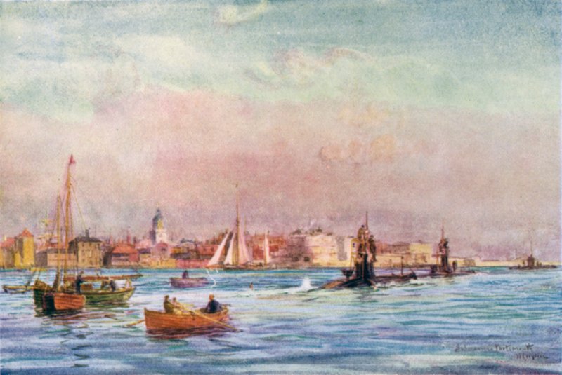 Onderzeeërs verlaten de haven van Portsmouth door William Lionel Wyllie