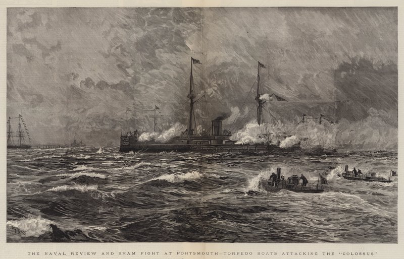 De Marine Review en Schijngevecht in Portsmouth, Torpedoboten die de Colossus aanvallen door William Lionel Wyllie