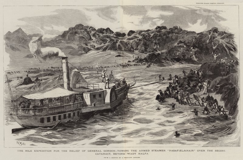 De Nijl Expeditie voor de Hulp van Generaal Gordon, het Slepen van de Gewapende Stoomboot Nasaf el Khair over de Tweede Cataract, voorbij Wady Halfa door William Lionel Wyllie
