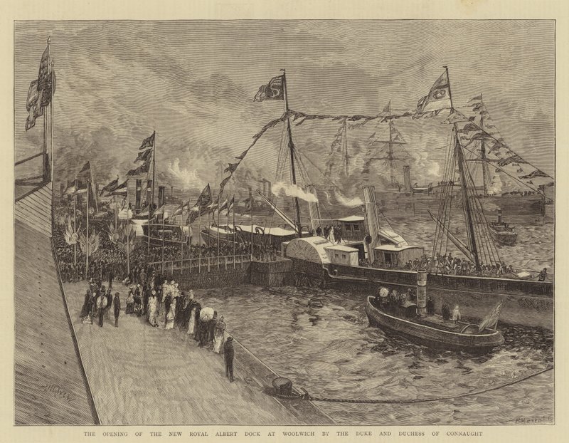 De opening van het nieuwe Royal Albert Dock in Woolwich door de hertog en hertogin van Connaught door William Lionel Wyllie
