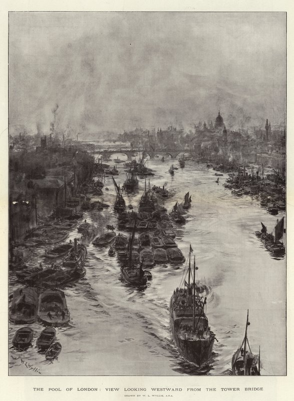 De Pool van Londen, uitzicht naar het westen vanaf de Tower Bridge door William Lionel Wyllie