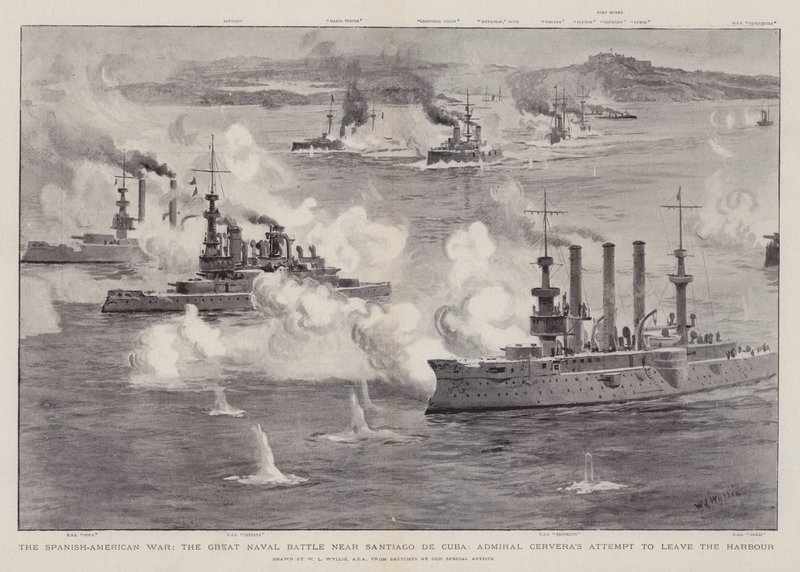 De Spaans-Amerikaanse Oorlog, de Grote Zeeslag bij Santiago de Cuba, de Poging van Admiraal Cervera om de Haven te Verlaten door William Lionel Wyllie