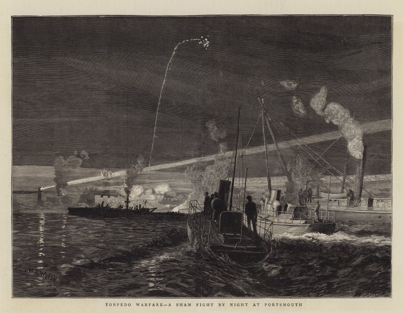 Torpedoorlogvoering, een schijngevecht bij nacht in Portsmouth door William Lionel Wyllie