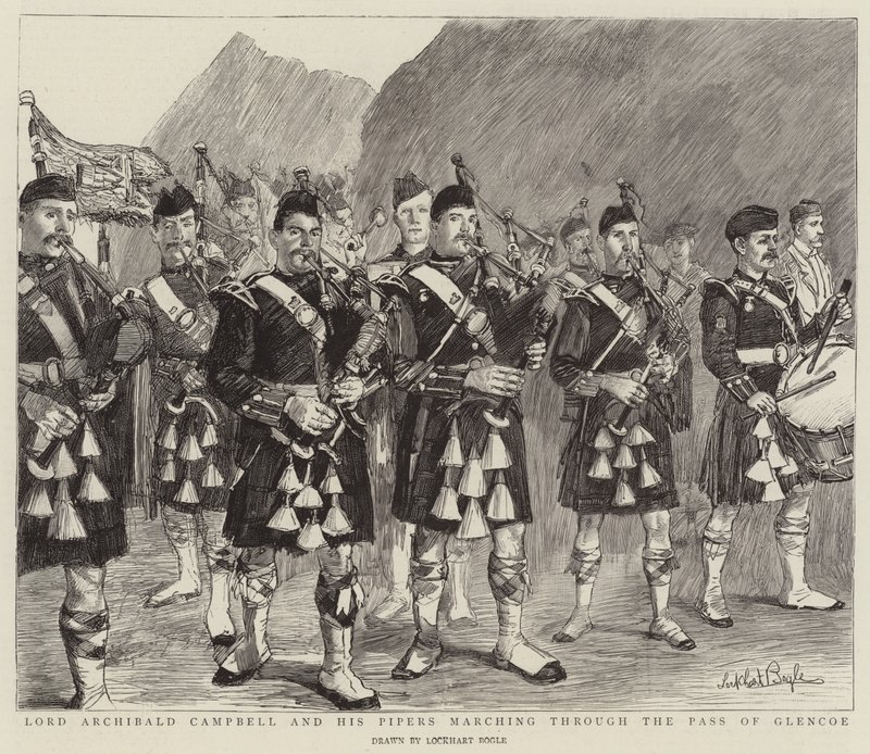 Lord Archibald Campbell en zijn doedelzakspelers marcheren door de Pass of Glencoe door William Lockhart Bogle