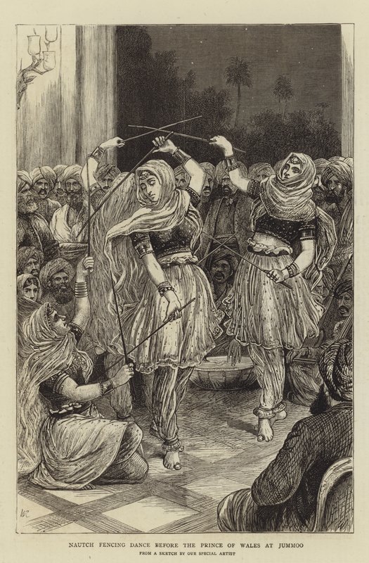 Nautch-schermdans voor de Prins van Wales in Jummoo door William Ralston