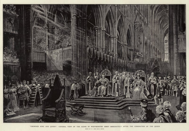 Gekroonde Koning en Koningin, Algemeen Overzicht van de Scène in Westminster Abbey direct na de Kroning van de Koningin door William T. Maud