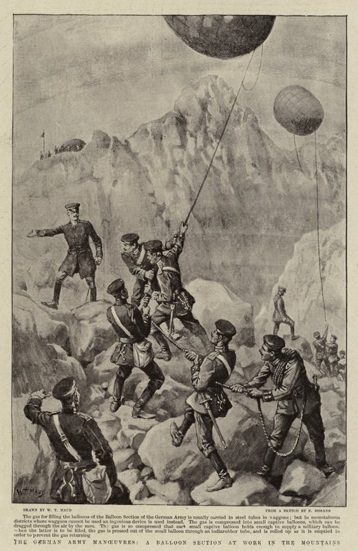 De Duitse Legermanoeuvres, Een Ballonsectie aan het Werk in de Bergen door William T. Maud