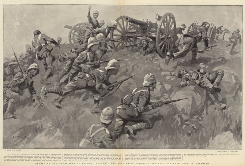 Het handhaven van de tradities van de Britse infanterie, het Derbyshire Regiment heroverde veroverde kanonnen bij Hekpoort door William T. Maud