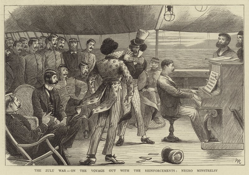 De Zoeloe-oorlog, op de reis met de versterkingen, zwarte minstrelen door William (after) Ralston