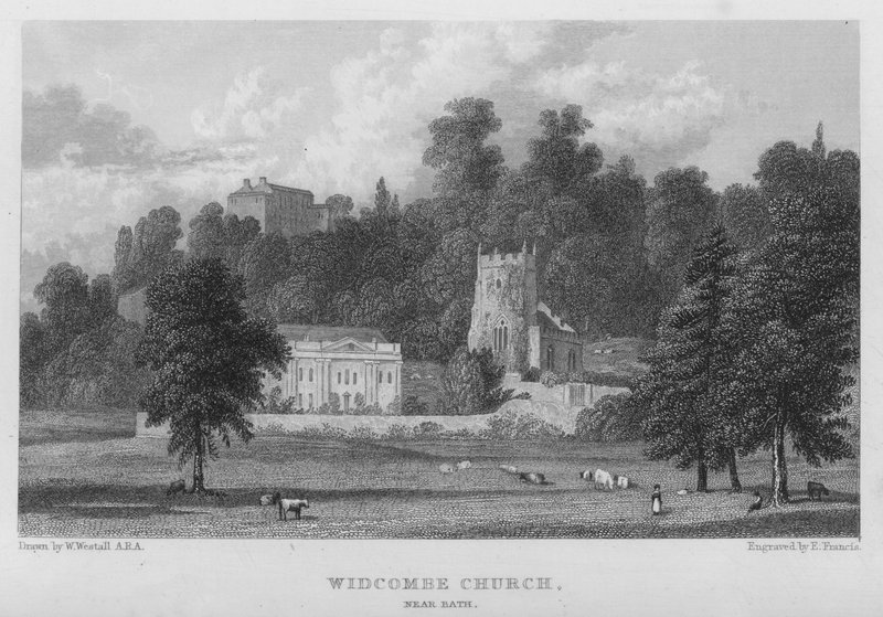 Widcombe Kerk, nabij Bath (gravure) door William (after) Westall