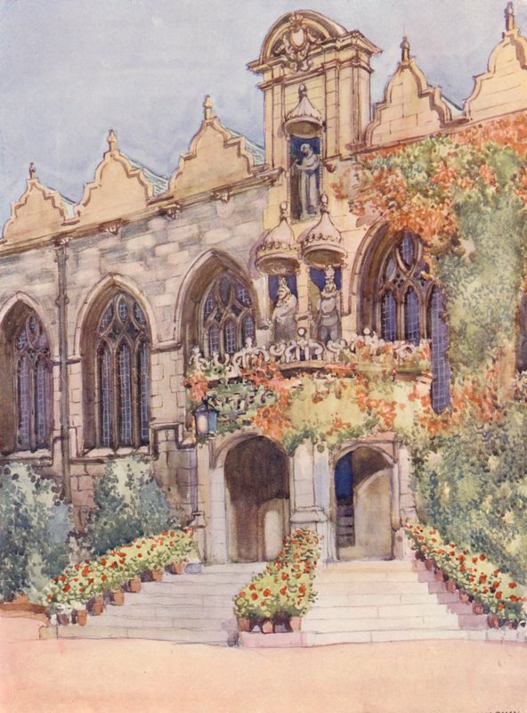 Ingang van Oriel College Hall, met beelden van de Maagd en Kind, Edward II, de nominale oprichter van het college, en Charles I, in wiens regeerperiode de hal werd gebouwd door William Ainsworth Wildman