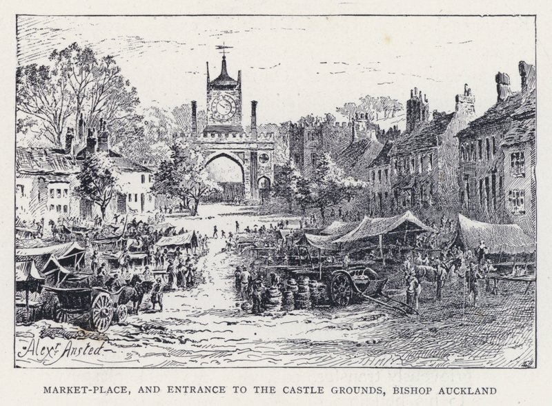 Marktplaats en ingang naar de kasteelgronden, Bishop Auckland (gravure) door William Alexander Ansted