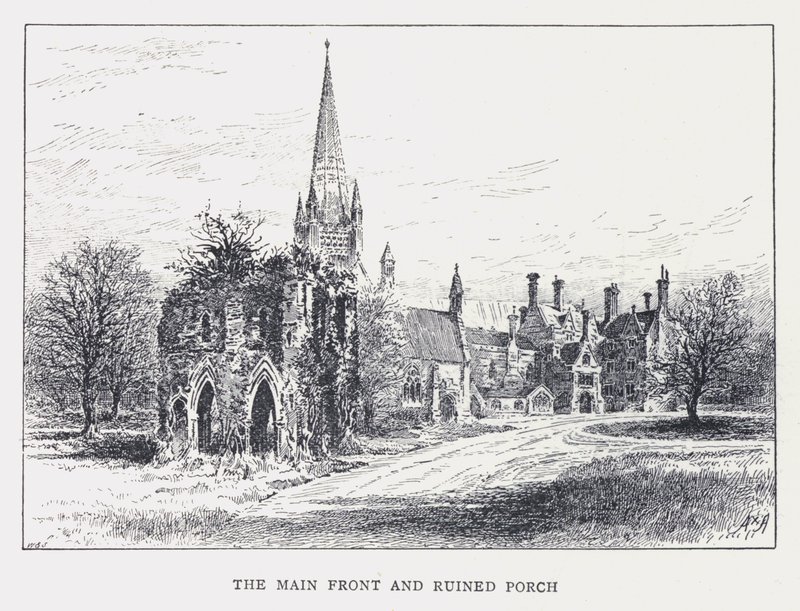 De hoofdgevel en verwoeste portiek (gravure) door William Alexander Ansted
