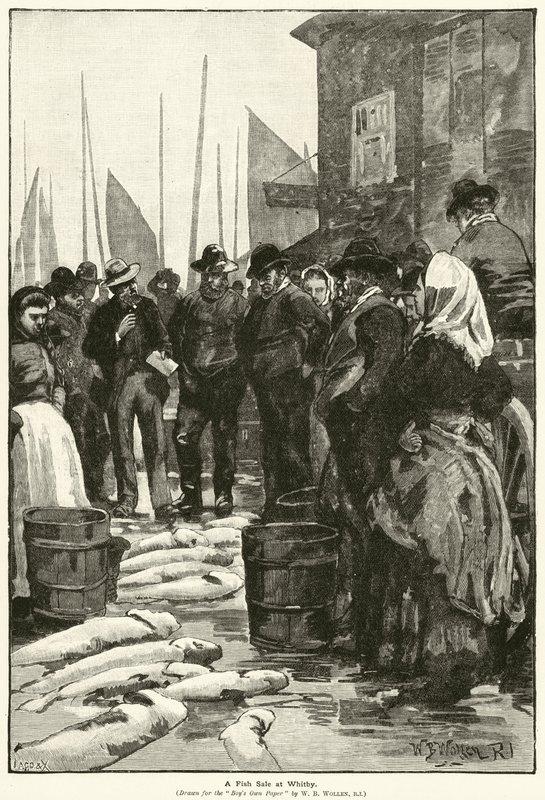 Een Visverkoop in Whitby door William Barnes (after) Wollen
