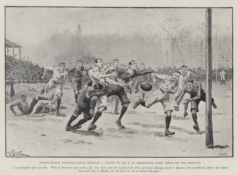Internationale voetbalwedstrijd (Engeland v Wales) op 6 januari, in Birkenhead Park, Eerste Try voor Engeland door William Barnes Wollen