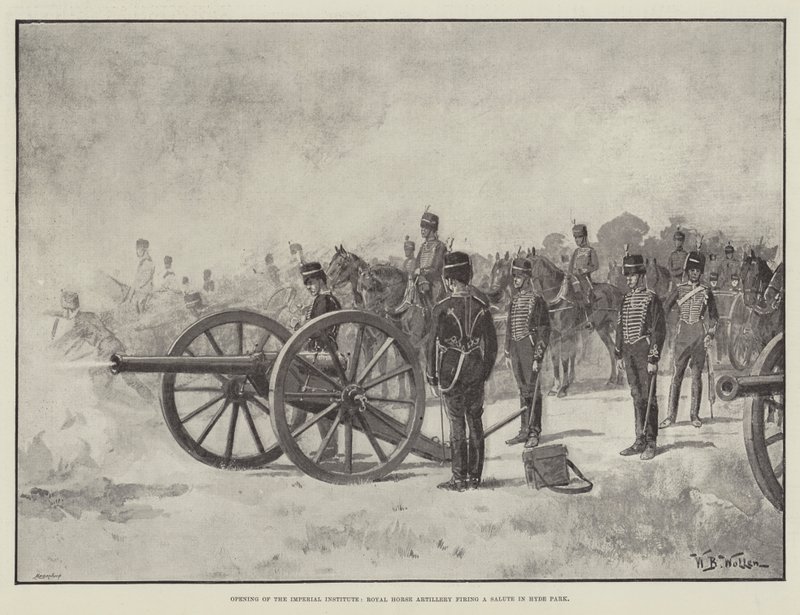 Opening van het Imperial Institute, Royal Horse Artillery vuurt een saluut in Hyde Park door William Barnes Wollen