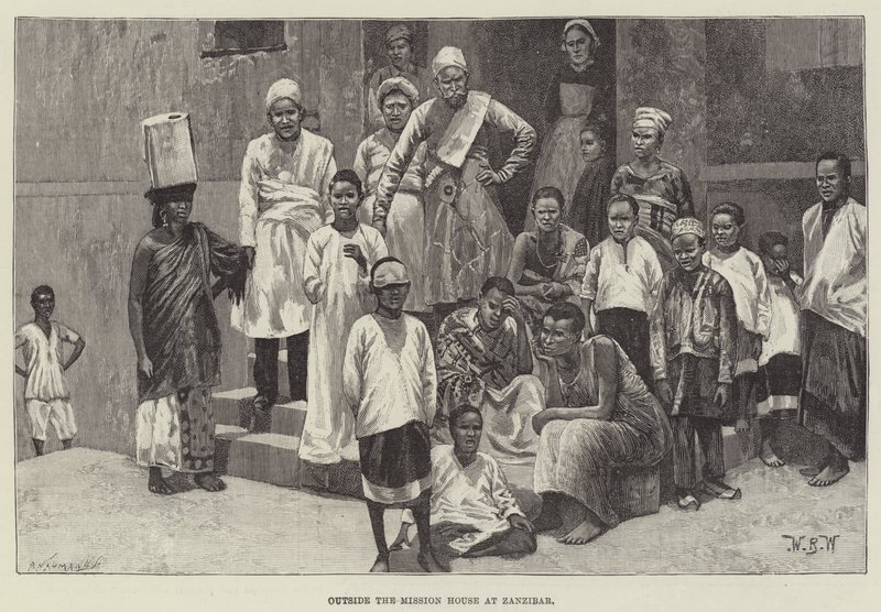 Buiten het missiehuis in Zanzibar door William Barnes Wollen