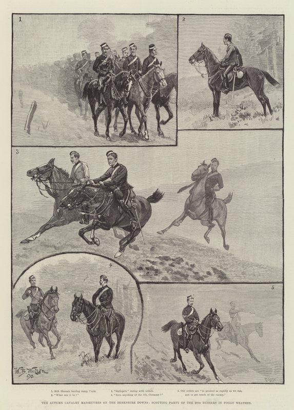 De Herfst Cavalerie Manoeuvres op de Berkshire Downs, Verkenningspartij van de 20e Huzaren in Mistig Weer door William Barnes Wollen