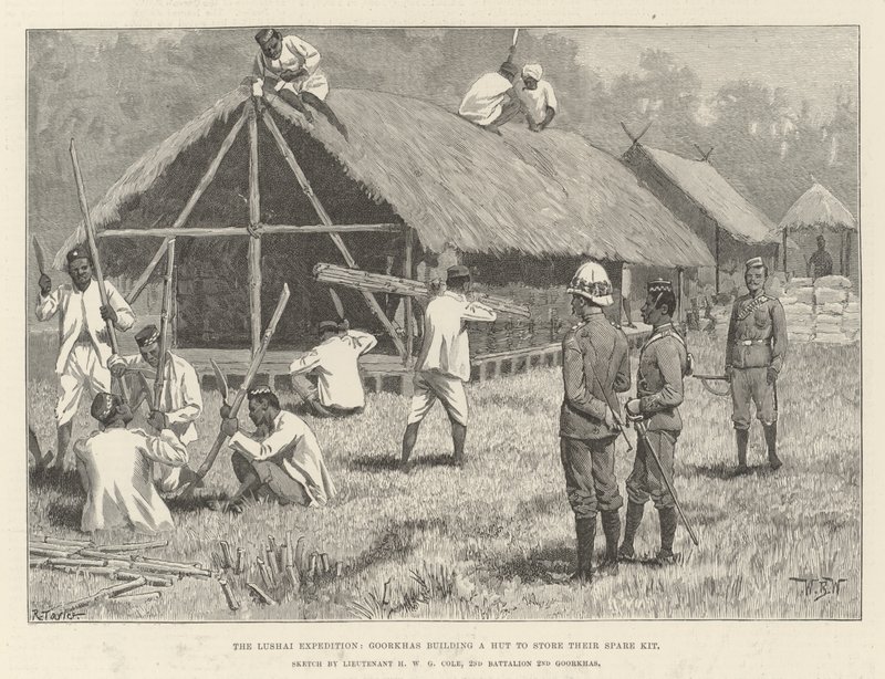 De Lushai Expeditie, Goorkhas bouwen een Hut om hun Reservekit op te slaan door William Barnes Wollen