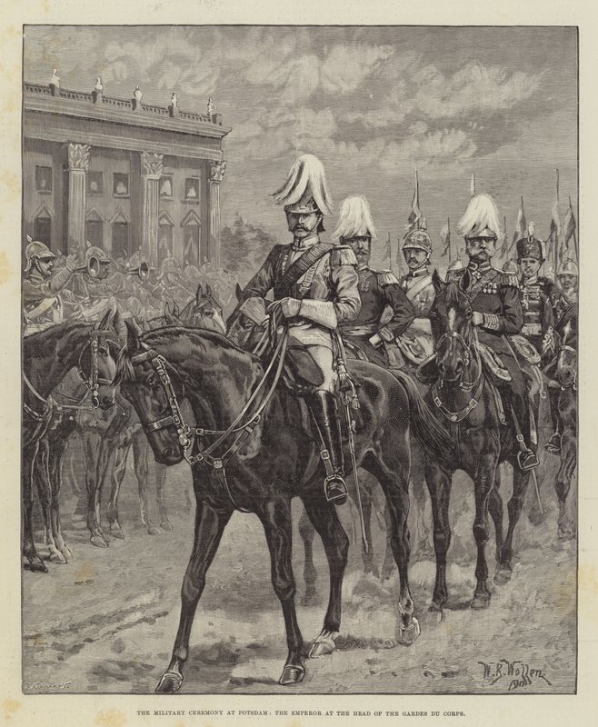 De militaire ceremonie in Potsdam, de keizer aan het hoofd van de Gardes du Corps door William Barnes Wollen