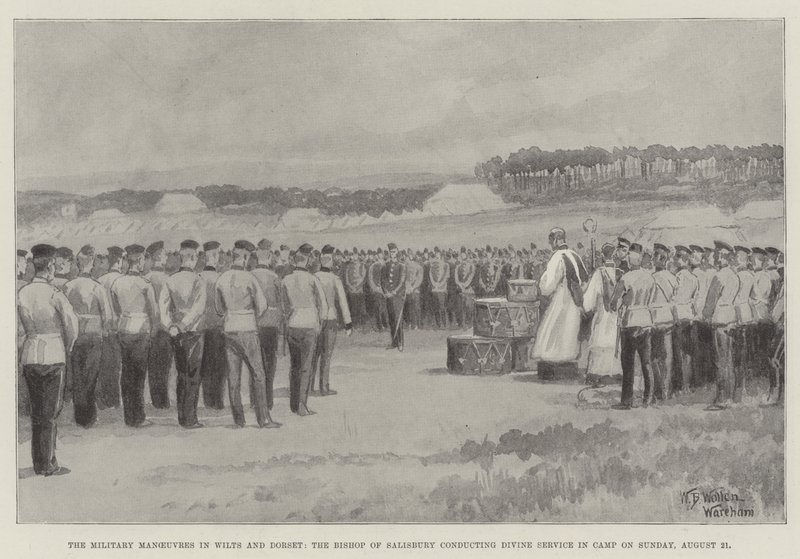 De militaire manoeuvres in Wilts en Dorset, de bisschop van Salisbury leidt de kerkdienst in het kamp op zondag 21 augustus door William Barnes Wollen