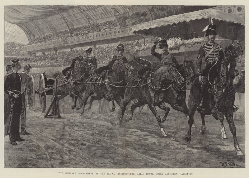 Het Militaire Toernooi in de Royal Agricultural Hall, Royal Horse Artillery in galop door William Barnes Wollen