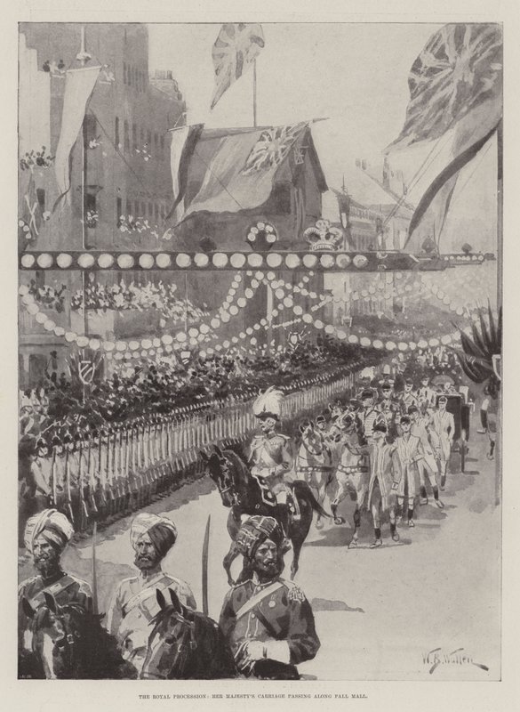 De koninklijke processie, de koets van Hare Majesteit die langs Pall Mall rijdt door William Barnes Wollen