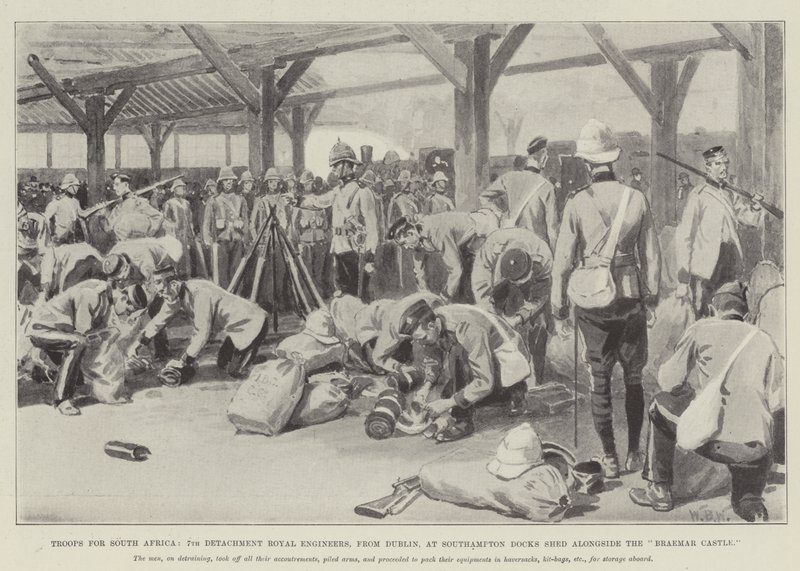 Troepen voor Zuid-Afrika, 7e Detachement Koninklijke Ingenieurs, uit Dublin, bij Southampton Docks Shed naast de Braemar Castle door William Barnes Wollen