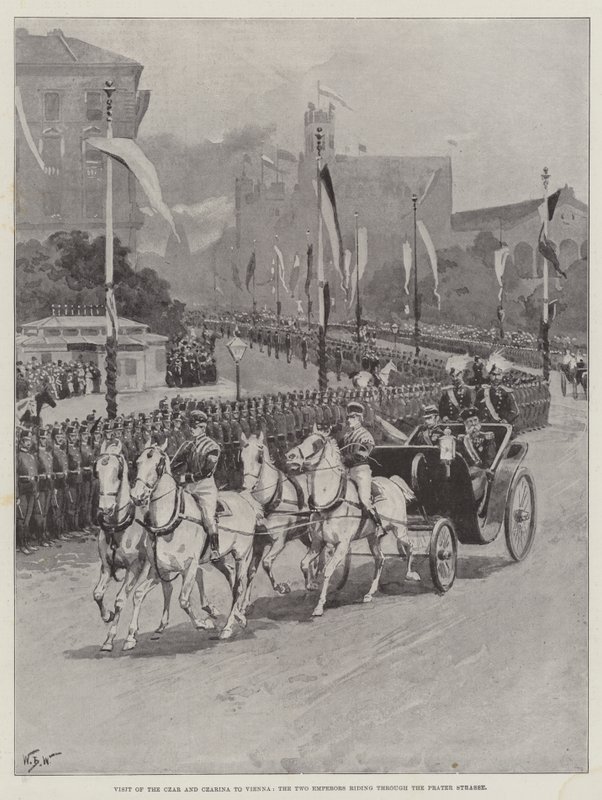 Bezoek van de Tsaar en Tsarina aan Wenen, de Twee Keizers rijden door de Prater Strasse door William Barnes Wollen