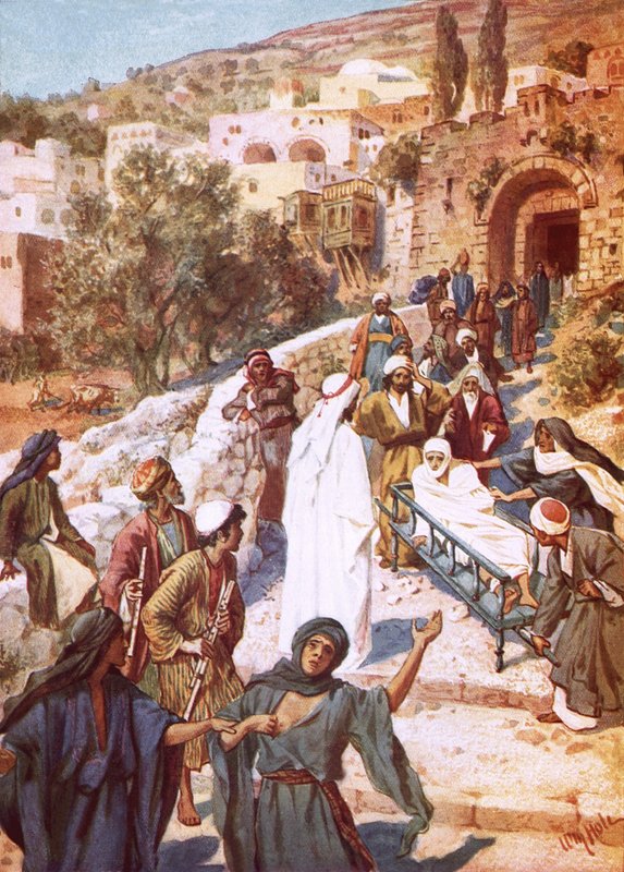 Jezus wekt een jonge man op uit de dood in een stad genaamd Nain door William Brassey Hole