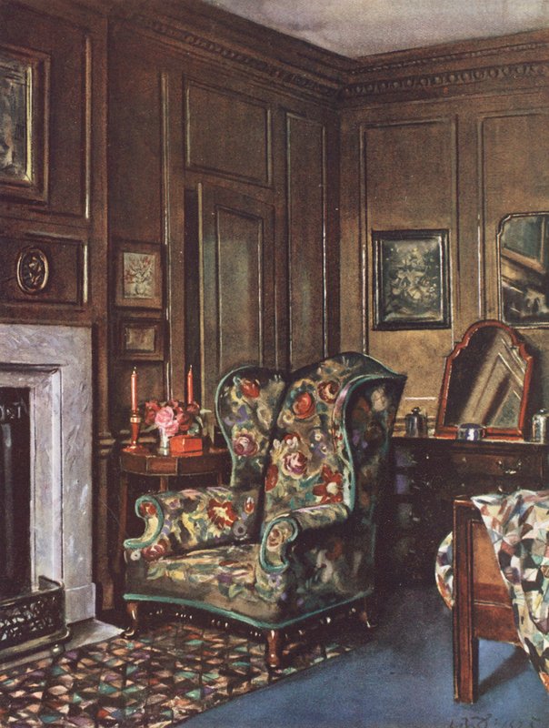 Interieurdecoratie: Een slaapkamer met bruine muren verlevendigd door felle kleuren door William Bruce Ellis Ranken