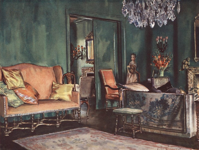 Interieurdecoratie: Een zitkamer met groene muren door William Bruce Ellis Ranken