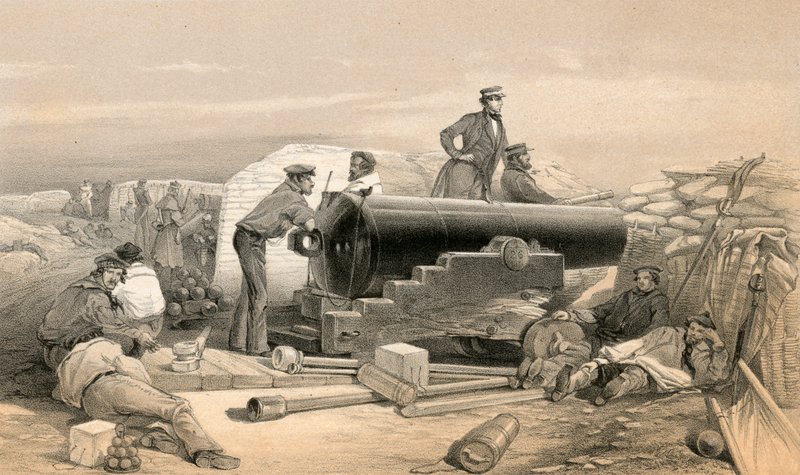 Een rustige dag in de Diamond Battery, Portret van een Lancaster 68 Pounder, 15 december 1854 door William Crimea Simpson