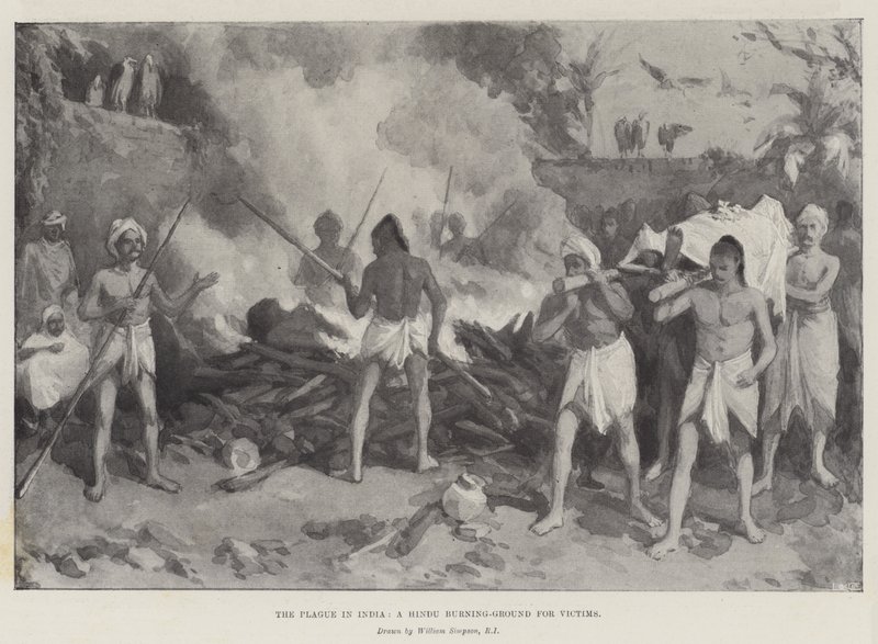 De pest in India, een hindoeïstische brandplaats voor slachtoffers door William Crimea Simpson