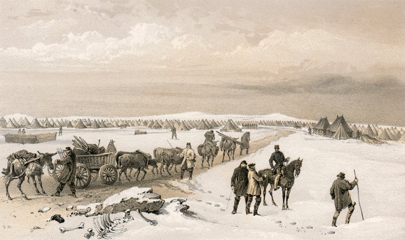 Het kamp van de 1e Divisie, kijkend naar het noorden richting het kamp van de 2e Divisie, de Hoogten van Inkermann in de verte door William Crimea Simpson
