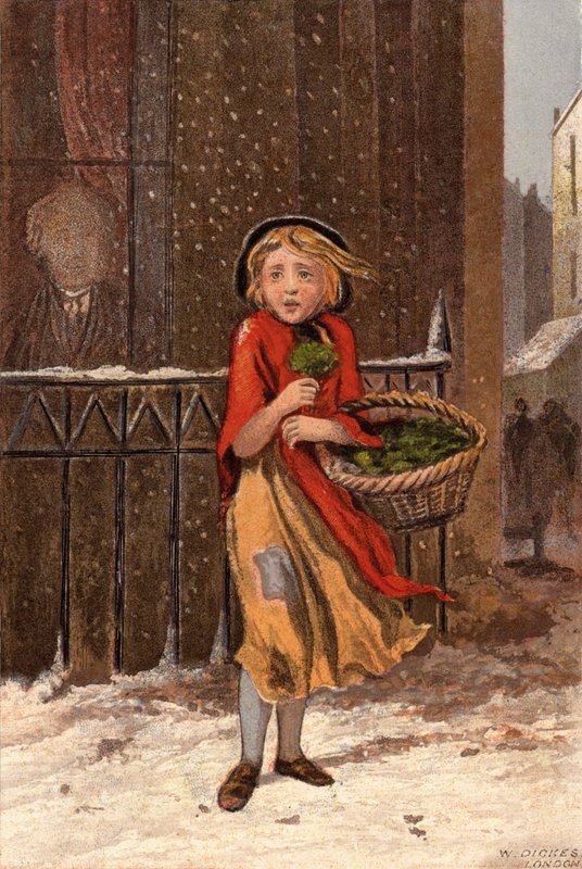 Arm meisje dat waterkers verkoopt op een besneeuwde straat door William Dickes