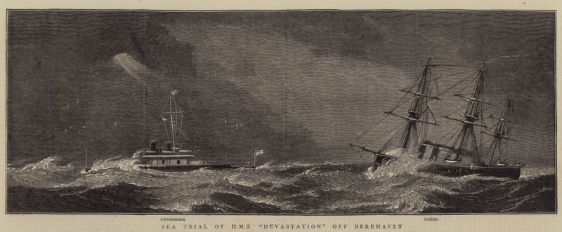 Zeeproef van HMS Devastation bij Berehaven door William Edward Atkins
