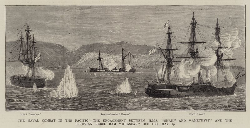 Het zeeslag in de Stille Oceaan, het gevecht tussen HMS Shah en Amethyst en de Peruaanse rebellenram Huascar bij Ilo, 29 mei door William Edward Atkins