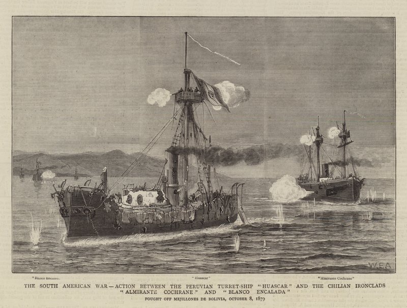 De Zuid-Amerikaanse oorlog, actie tussen het Peruaanse torpedoschip Huascar en de Chileense ijzeren schepen Almirante Cochrane en Blanco Encalada door William Edward Atkins