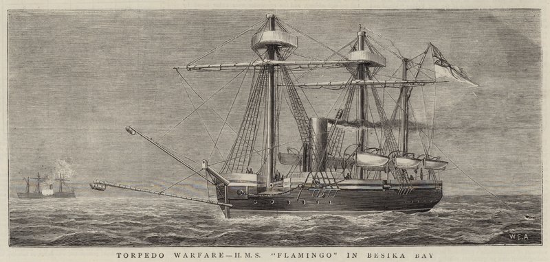 Torpedoorlogvoering, HMS Flamingo in Besika Bay door William Edward Atkins