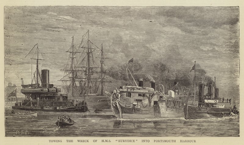 Het wrak van HMS Eurydice naar de haven van Portsmouth slepen door William Edward Atkins