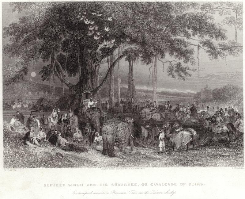 Runjeet Singh en zijn suwarree gekampeerd onder de banianboom aan de rivier Sulley door William Harvey