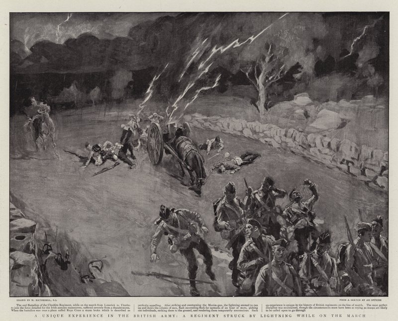 Een Unieke Ervaring in het Britse Leger, een Regiment getroffen door Bliksem tijdens de Mars door William Hatherell