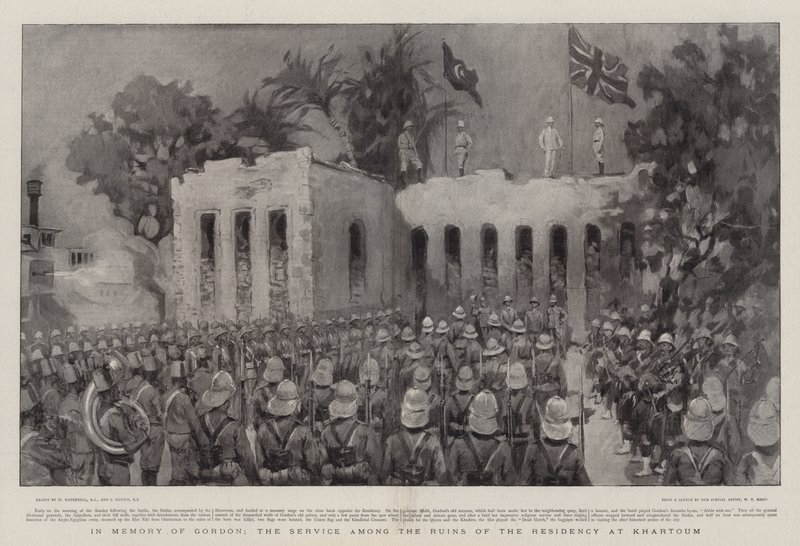 Ter nagedachtenis aan Gordon, de dienst tussen de ruïnes van de Residentie in Khartoem door William Hatherell