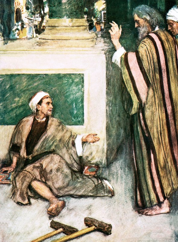 Petrus en Johannes genezen de lamme man door William Hatherell