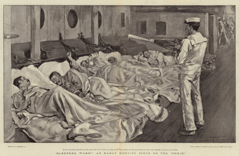 Slapers, Wakker!, een vroege ochtendscène op de Ophir door William Hatherell