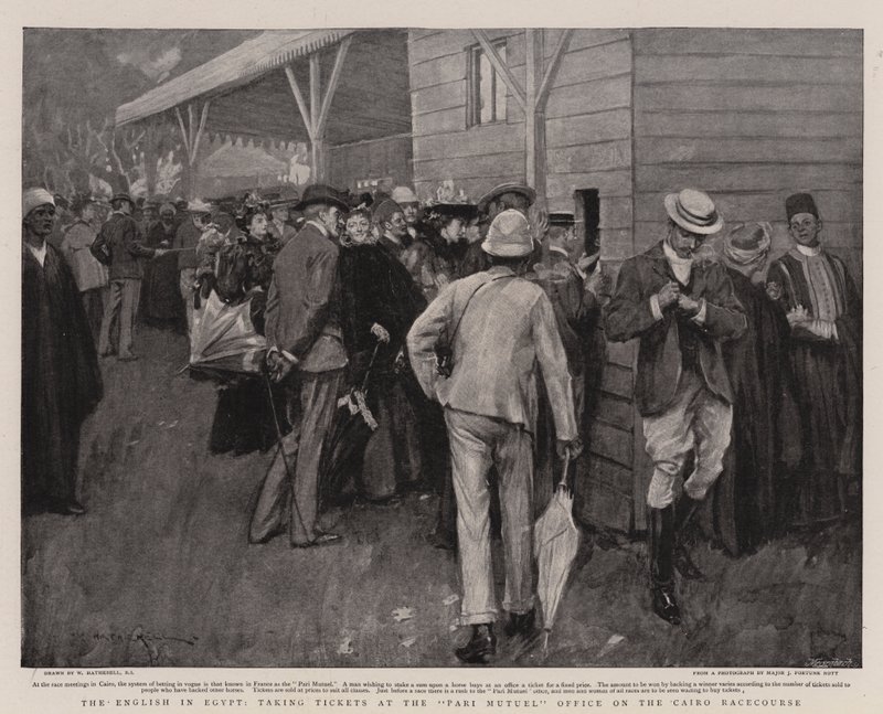 De Engelsen in Egypte, kaartjes kopen bij het Pari Mutuel-kantoor op de renbaan van Caïro door William Hatherell